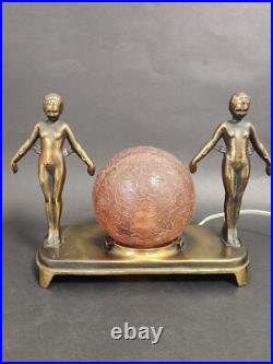 Art Deco Bronze 2 Nudes Table Lamp with Pink Globe