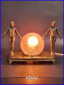 Art Deco Bronze 2 Nudes Table Lamp with Pink Globe