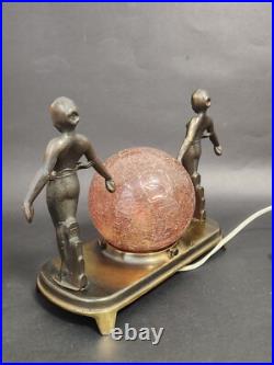 Art Deco Bronze 2 Nudes Table Lamp with Pink Globe Art Deco Bronze 2 Nudes Table Lamp with Pink Globe