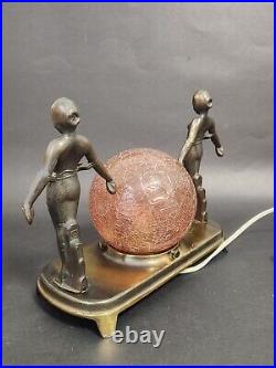 Art Deco Bronze 2 Nudes Table Lamp with Pink Globe