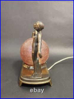 Art Deco Bronze 2 Nudes Table Lamp with Pink Globe