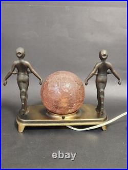 Art Deco Bronze 2 Nudes Table Lamp with Pink Globe