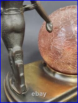 Art Deco Bronze 2 Nudes Table Lamp with Pink Globe