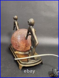 Art Deco Bronze 2 Nudes Table Lamp with Pink Globe