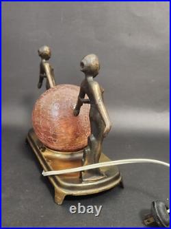 Art Deco Bronze 2 Nudes Table Lamp with Pink Globe