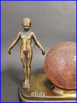 Art Deco Bronze 2 Nudes Table Lamp with Pink Globe