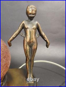 Art Deco Bronze 2 Nudes Table Lamp with Pink Globe