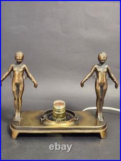 Art Deco Bronze 2 Nudes Table Lamp with Pink Globe