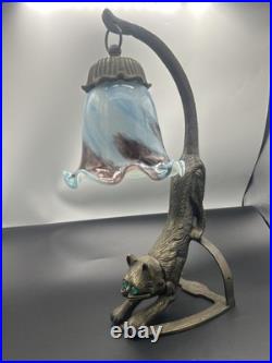 Art Deco Bronze Cat Multi Color Art Glass Shade Vanity Table Lamp 15 No Cord