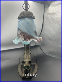 Art Deco Bronze Cat Multi Color Art Glass Shade Vanity Table Lamp 15 No Cord
