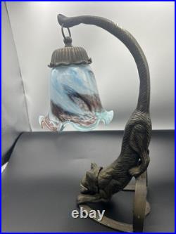 Art Deco Bronze Cat Multi Color Art Glass Shade Vanity Table Lamp 15 No Cord