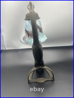 Art Deco Bronze Cat Multi Color Art Glass Shade Vanity Table Lamp 15 No Cord