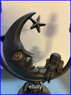 Art Deco Bronze Color Celestial Fairy Moon Stars Double Shade Lamp- Works