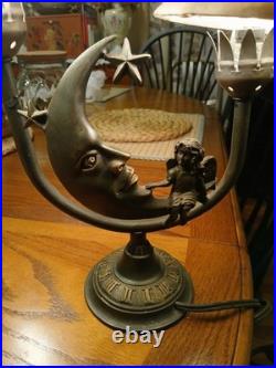 Art Deco Bronze Color Celestial Fairy Moon Stars Double Shade Lamp- Works