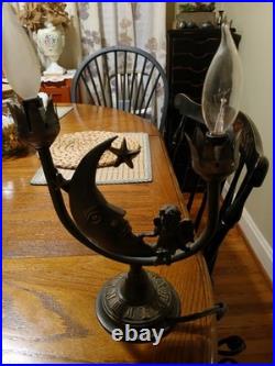 Art Deco Bronze Color Celestial Fairy Moon Stars Double Shade Lamp- Works