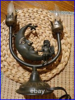 Art Deco Bronze Color Celestial Fairy Moon Stars Double Shade Lamp- Works