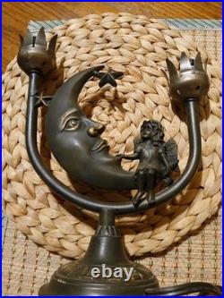 Art Deco Bronze Color Celestial Fairy Moon Stars Double Shade Lamp- Works