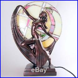 Art Deco Bronze Dancing Lady Lamp with Tiffany Shade
