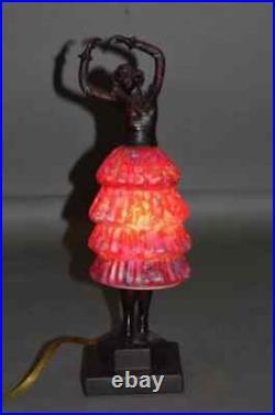 Art Deco Bronze Finish Ballerina Statue Lamp With Glass Skirt Shade 13 Inch Tall