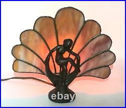 Art Deco Bronze Lady Dancer Tiffany Scalloped Fan Table Lamp Vintage