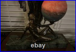 Art Deco Bronze Style Nude Woman Lamp with Glass Globe Marble Base Vintage