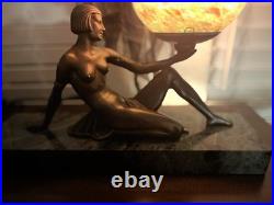 Art Deco Bronze Style Nude Woman Lamp with Glass Globe Marble Base Vintage