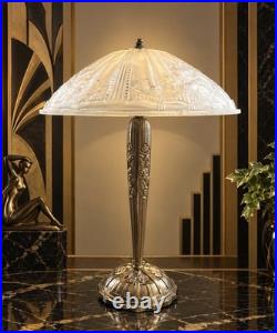 Art Deco Bronze Table Lamp Hettier Vincent Basin Pressed Glass White EJG