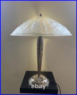 Art Deco Bronze Table Lamp Hettier Vincent Basin Pressed Glass White EJG