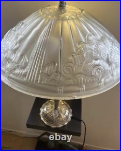 Art Deco Bronze Table Lamp Hettier Vincent Basin Pressed Glass White EJG