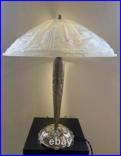 Art Deco Bronze Table Lamp Hettier Vincent Basin Pressed Glass White EJG