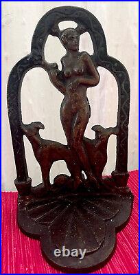 Art Deco Cast Iron Lamp Base with Nude Figure and Greyhounds