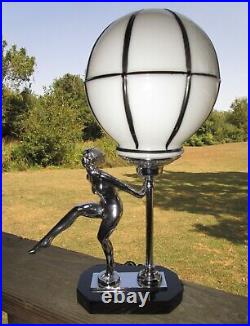 Art Deco Chrome & Black Lady Figural Lamp