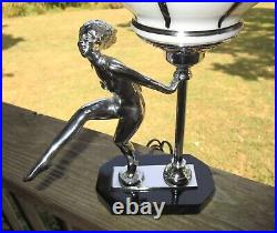 Art Deco Chrome & Black Lady Figural Lamp