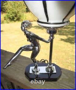 Art Deco Chrome & Black Lady Figural Lamp