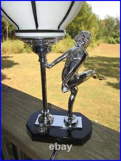 Art Deco Chrome & Black Lady Figural Lamp