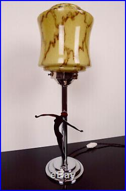 Art Deco Chrome Lady Lamp Diana Bakelite Antique 1930s Marbled Shade