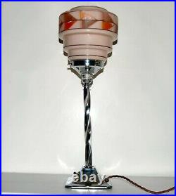 Art Deco Chrome Twisted Stem Table Lamp with Authentic Deco Glass Shade