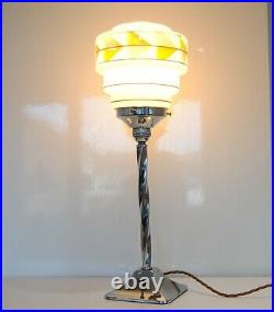 Art Deco Chrome Twisted Stem Table Lamp with Authentic Deco Glass Shade