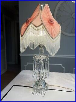 Art Deco Crystal Boudoir Parlor Lamp Pink Shade Rosette Beaded Fringe Victorian