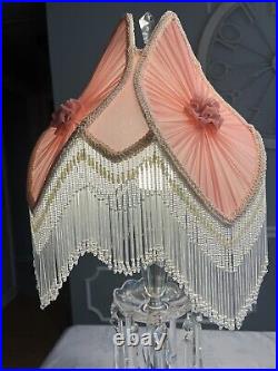 Art Deco Crystal Boudoir Parlor Lamp Pink Shade Rosette Beaded Fringe Victorian