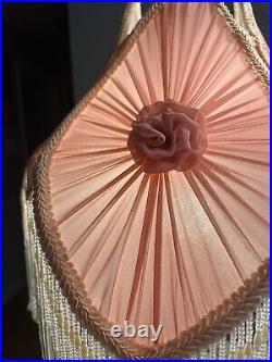 Art Deco Crystal Boudoir Parlor Lamp Pink Shade Rosette Beaded Fringe Victorian