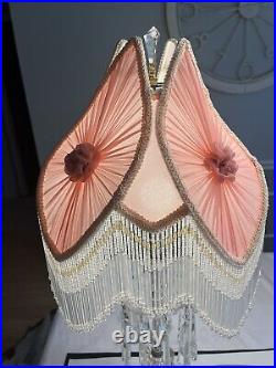 Art Deco Crystal Boudoir Parlor Lamp Pink Shade Rosette Beaded Fringe Victorian