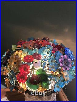 Art Deco Czech Bohemian Crystal Beaded Glass Flower Bowl Table Lamp Shade