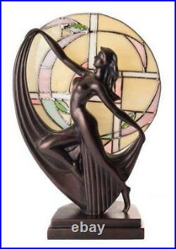 Art Deco Dancer Bronze Lady Figure Lamp Glass Shade Tiffany