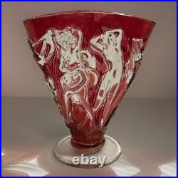 Art Deco Dancing Nymph Pattern Ruby Flash Glass Fan Vase Vintage Lamp & Glass Co