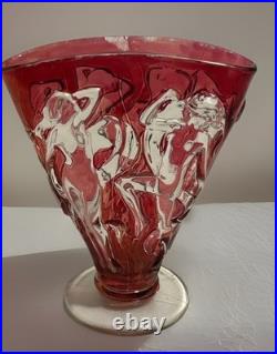 Art Deco Dancing Nymph Pattern Ruby Flash Glass Fan Vase Vintage Lamp & Glass Co