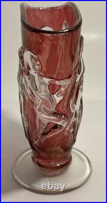 Art Deco Dancing Nymph Pattern Ruby Flash Glass Fan Vase Vintage Lamp & Glass Co