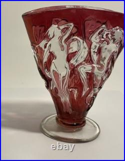 Art Deco Dancing Nymph Pattern Ruby Flash Glass Fan Vase Vintage Lamp & Glass Co