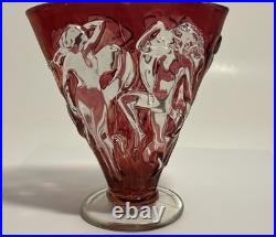Art Deco Dancing Nymph Pattern Ruby Flash Glass Fan Vase Vintage Lamp & Glass Co