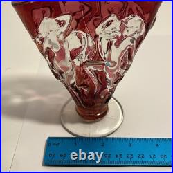 Art Deco Dancing Nymph Pattern Ruby Flash Glass Fan Vase Vintage Lamp & Glass Co